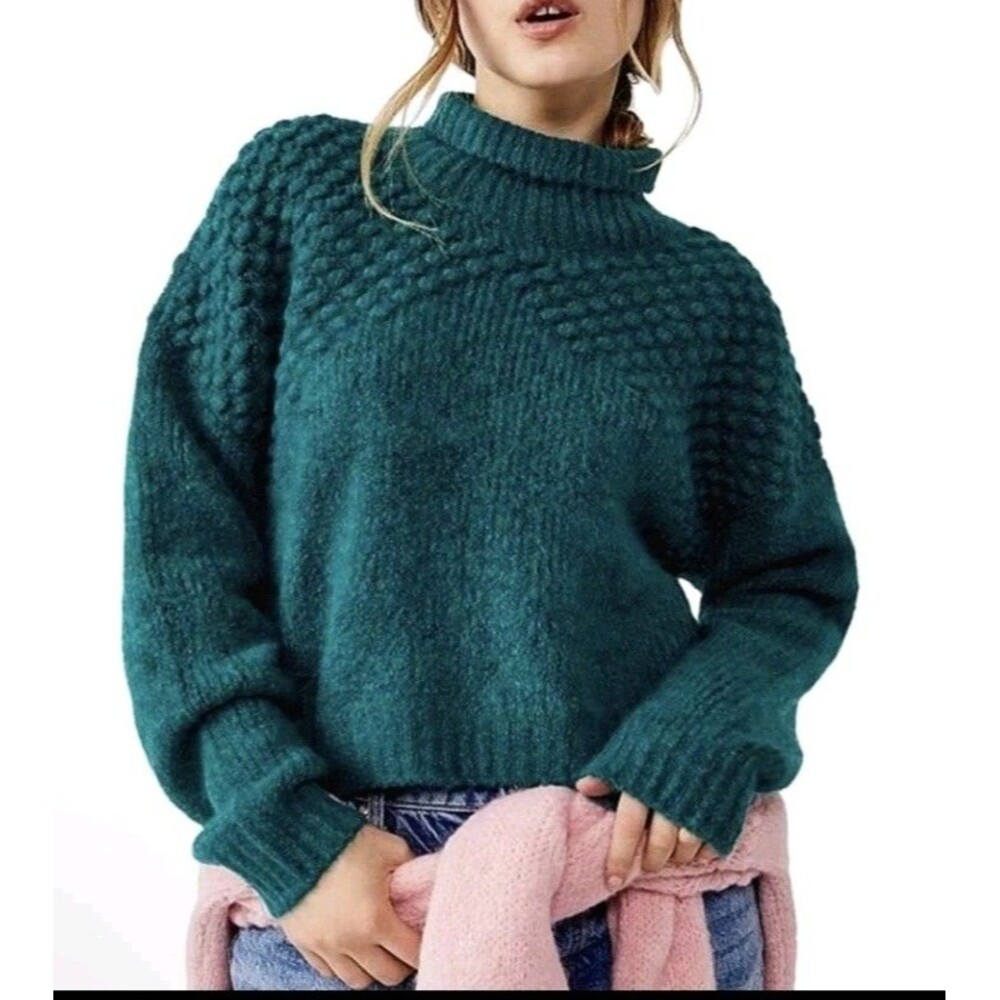 Free People Bradley Sweater Womens Size L Textured Turtleneck Alpine Green Boxy